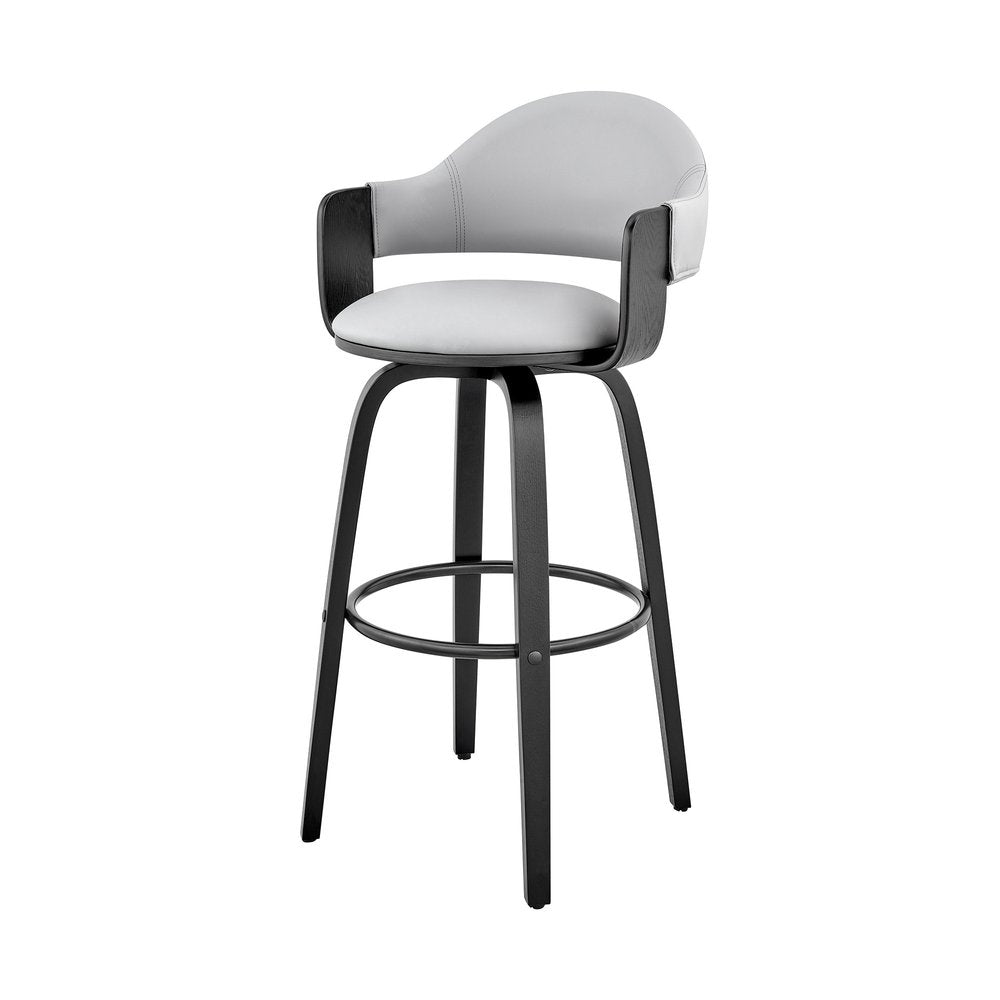 30" Gray And Black Fabric And Iron Low Back Bar Height Swivel Bar Chair