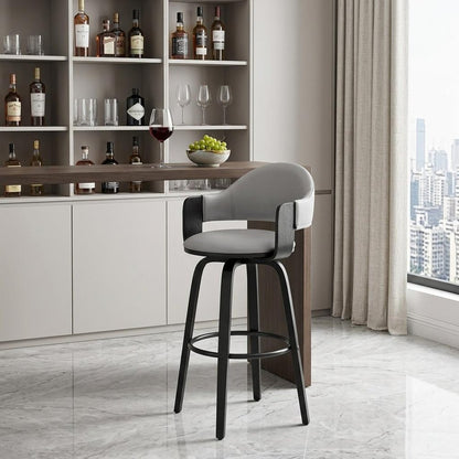 30" Gray And Black Fabric And Iron Low Back Bar Height Swivel Bar Chair