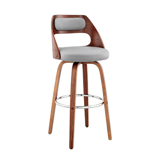 26" Gray And Brown Faux Leather And Fabric And Wood Counter Height Swivel Bar Chair