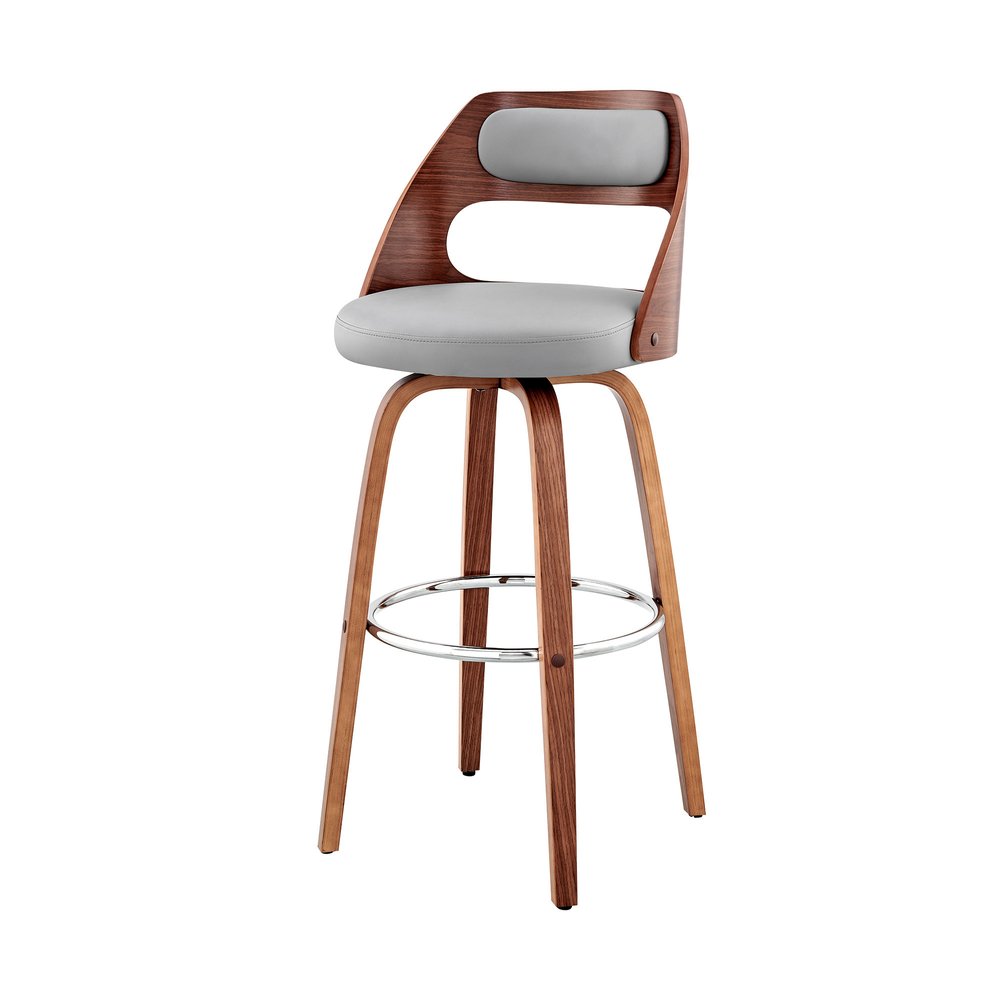 26" Gray And Brown Faux Leather And Fabric And Wood Counter Height Swivel Bar Chair