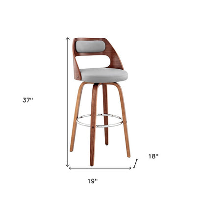 26" Gray And Brown Faux Leather And Fabric And Wood Counter Height Swivel Bar Chair