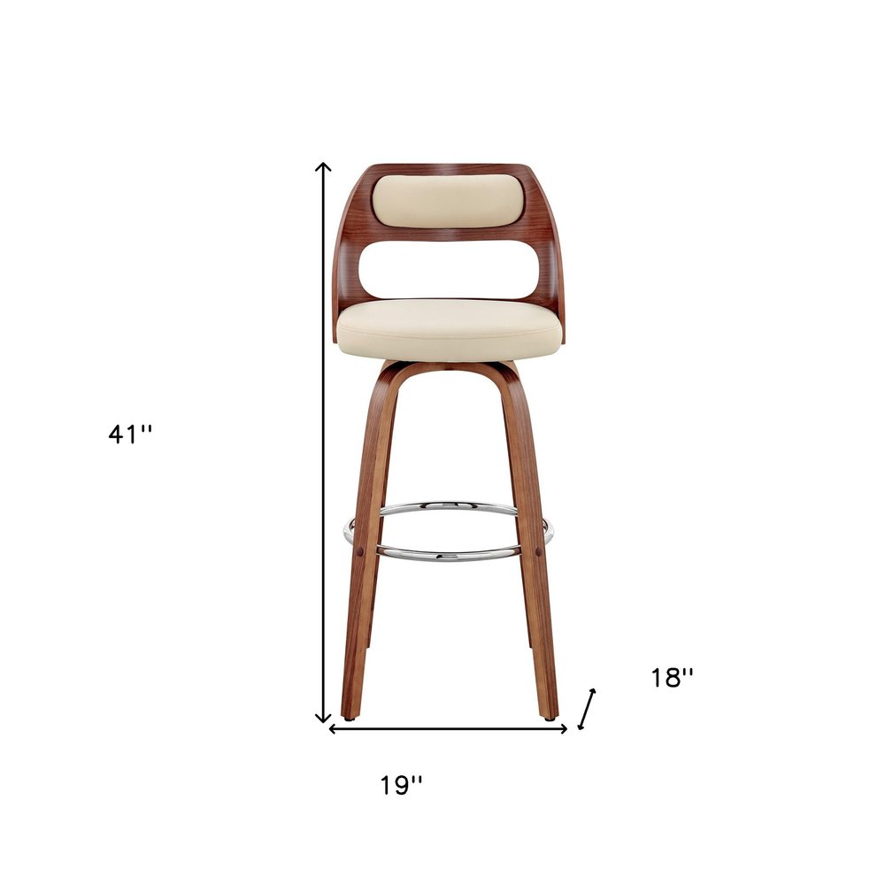 30" Cream And Brown Faux Leather And Fabric And Wood Bar Height Swivel Bar Chair