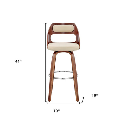 30" Cream And Brown Faux Leather And Fabric And Wood Bar Height Swivel Bar Chair