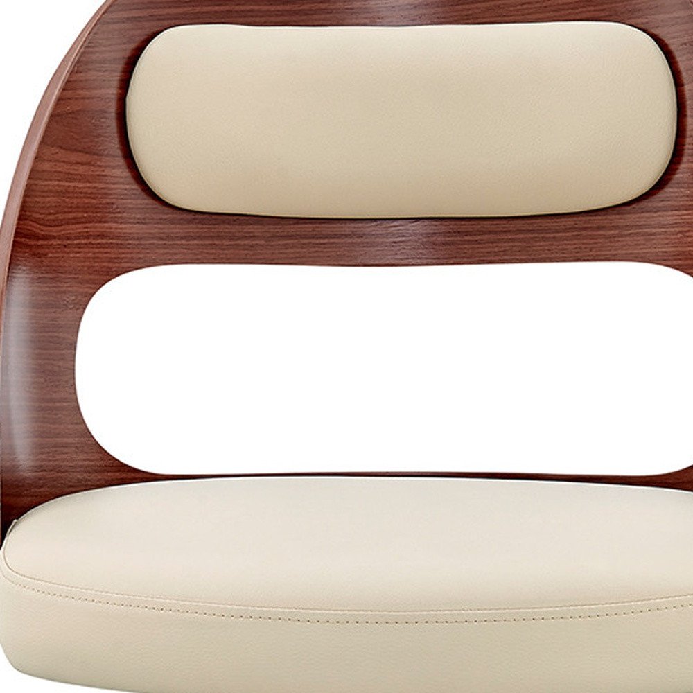 30" Cream And Brown Faux Leather And Fabric And Wood Bar Height Swivel Bar Chair