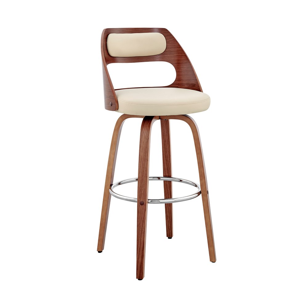 30" Cream And Brown Faux Leather And Fabric And Wood Bar Height Swivel Bar Chair