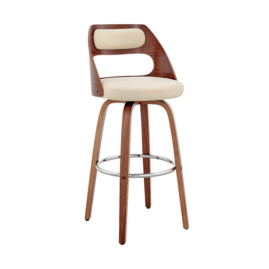 30" Cream And Brown Faux Leather And Fabric And Wood Bar Height Swivel Bar Chair