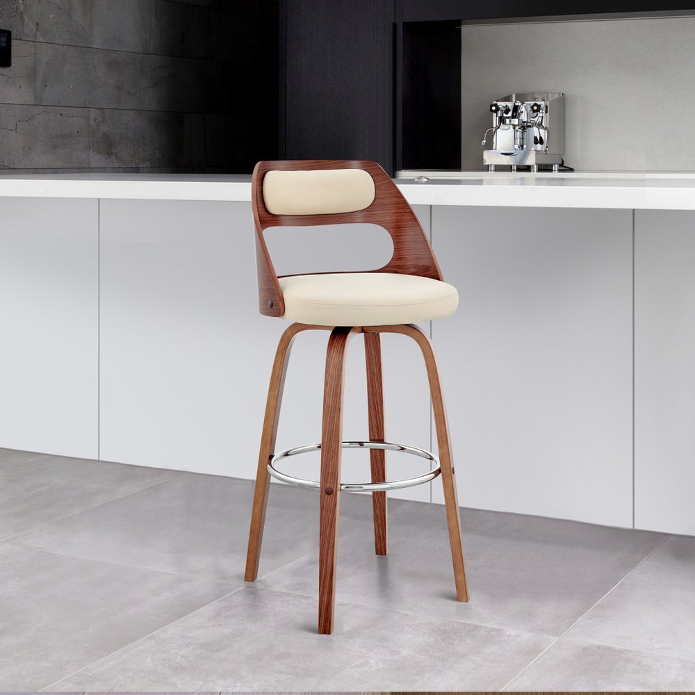 30" Cream And Brown Faux Leather And Fabric And Wood Bar Height Swivel Bar Chair
