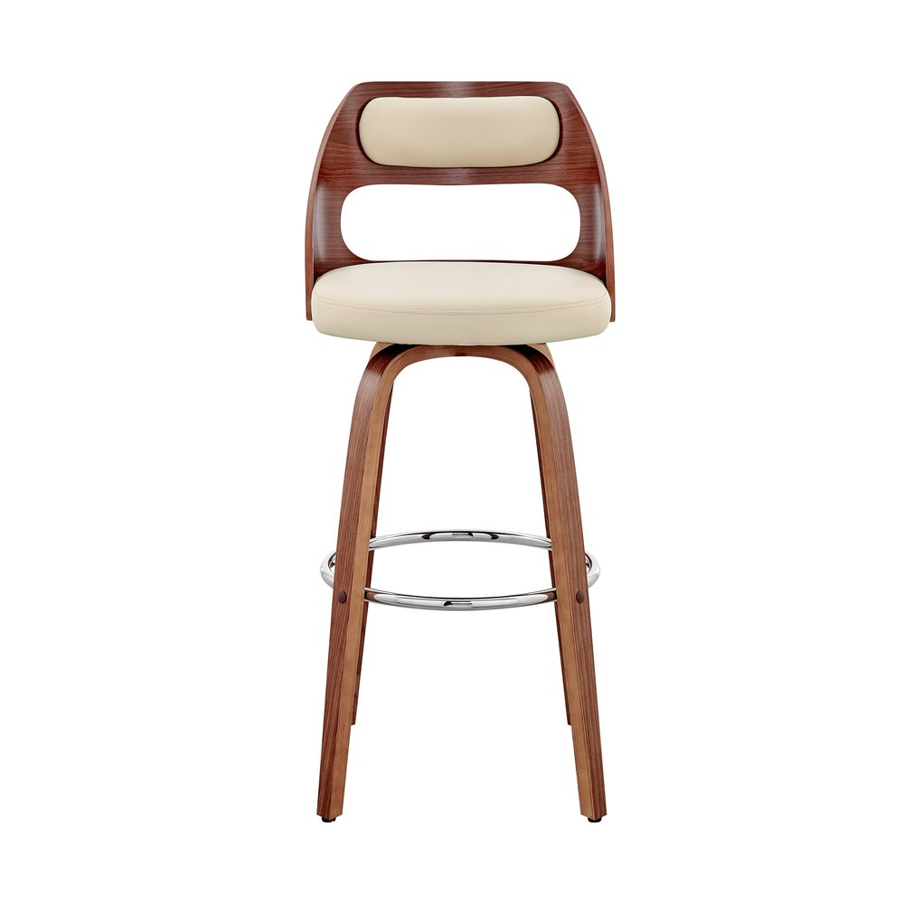 30" Cream And Brown Faux Leather And Fabric And Wood Bar Height Swivel Bar Chair
