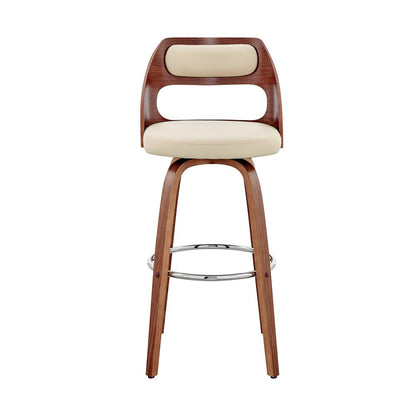 30" Cream And Brown Faux Leather And Fabric And Wood Bar Height Swivel Bar Chair