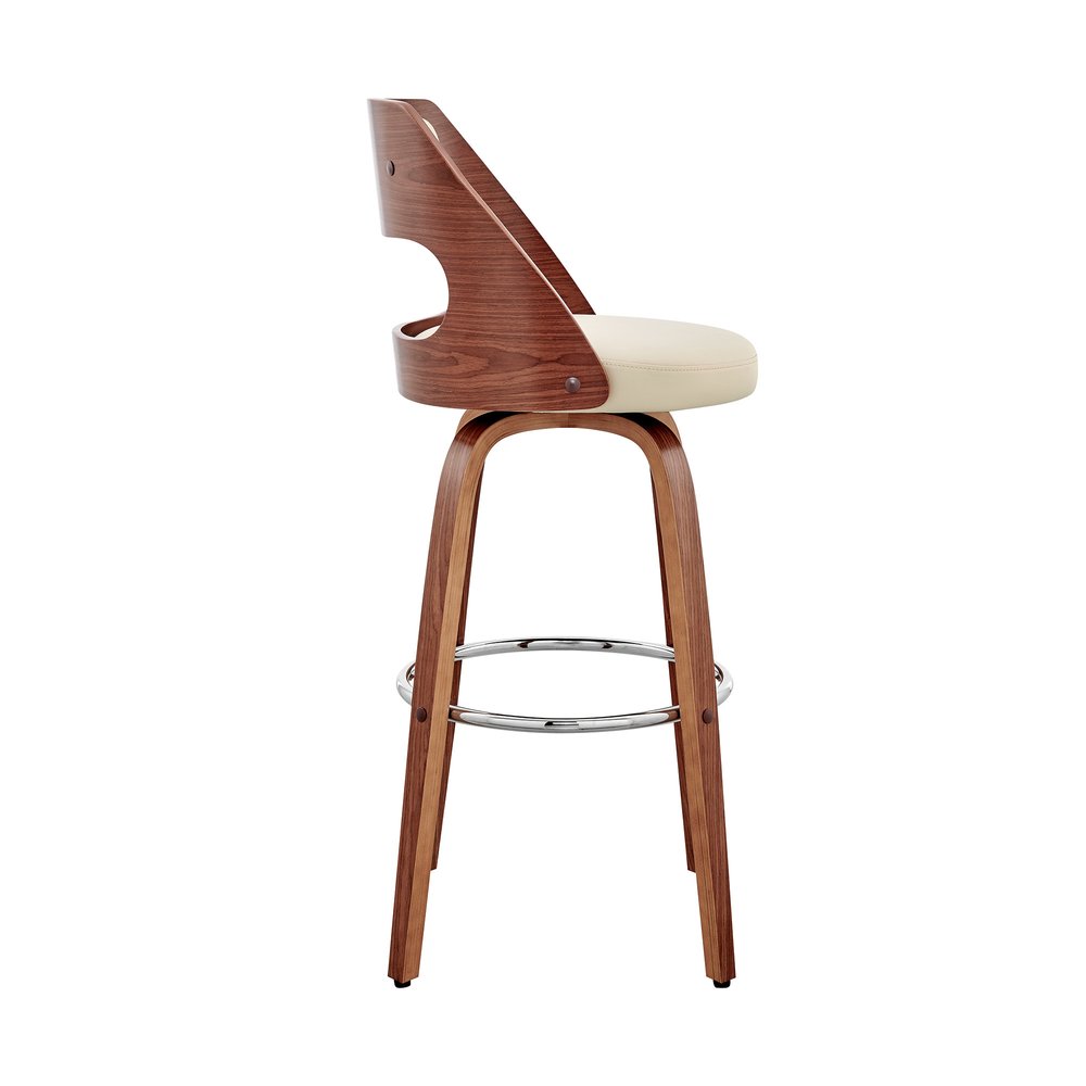 30" Cream And Brown Faux Leather And Fabric And Wood Bar Height Swivel Bar Chair