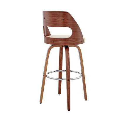 30" Cream And Brown Faux Leather And Fabric And Wood Bar Height Swivel Bar Chair