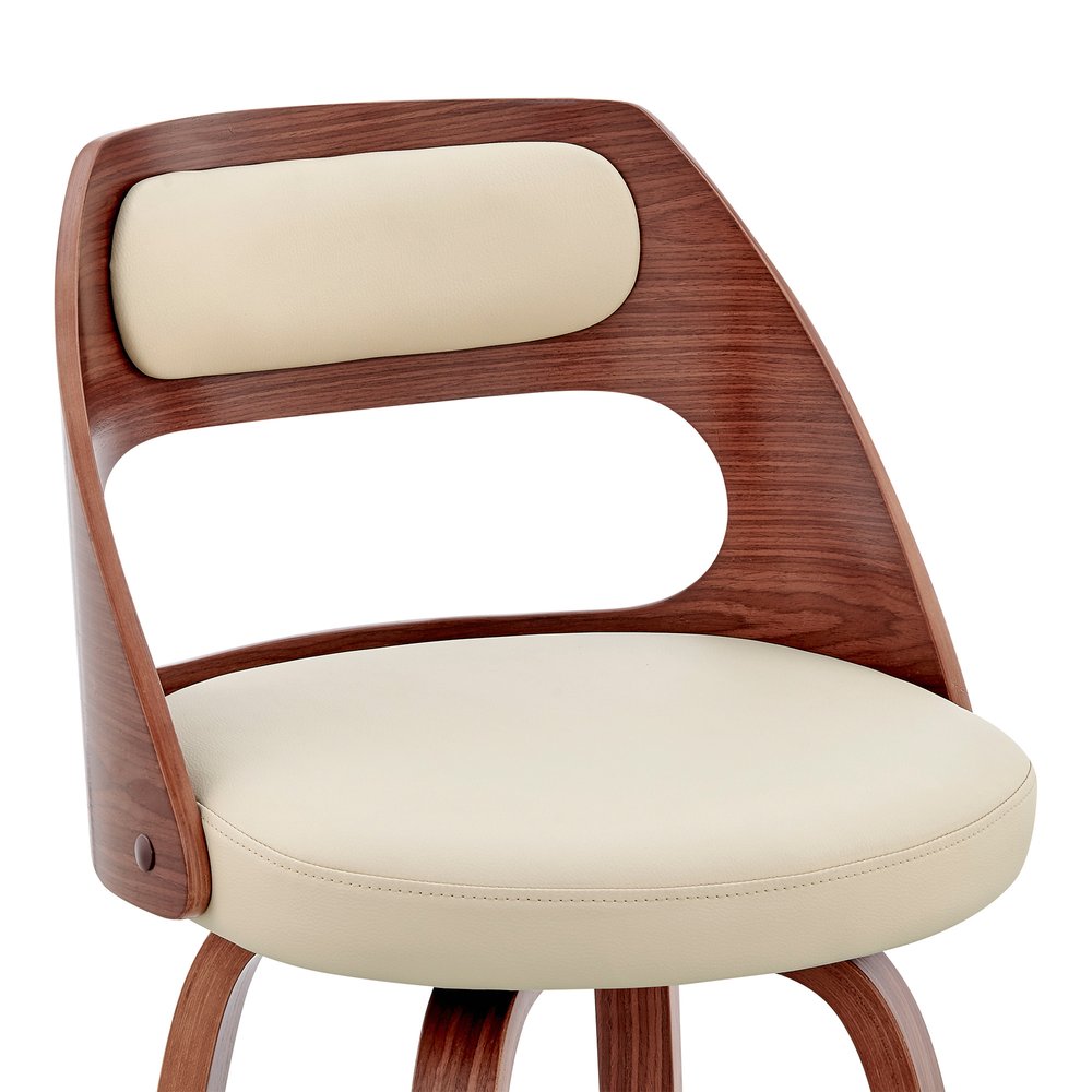 30" Cream And Brown Faux Leather And Fabric And Wood Bar Height Swivel Bar Chair