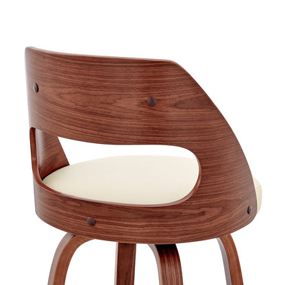 30" Cream And Brown Faux Leather And Fabric And Wood Bar Height Swivel Bar Chair
