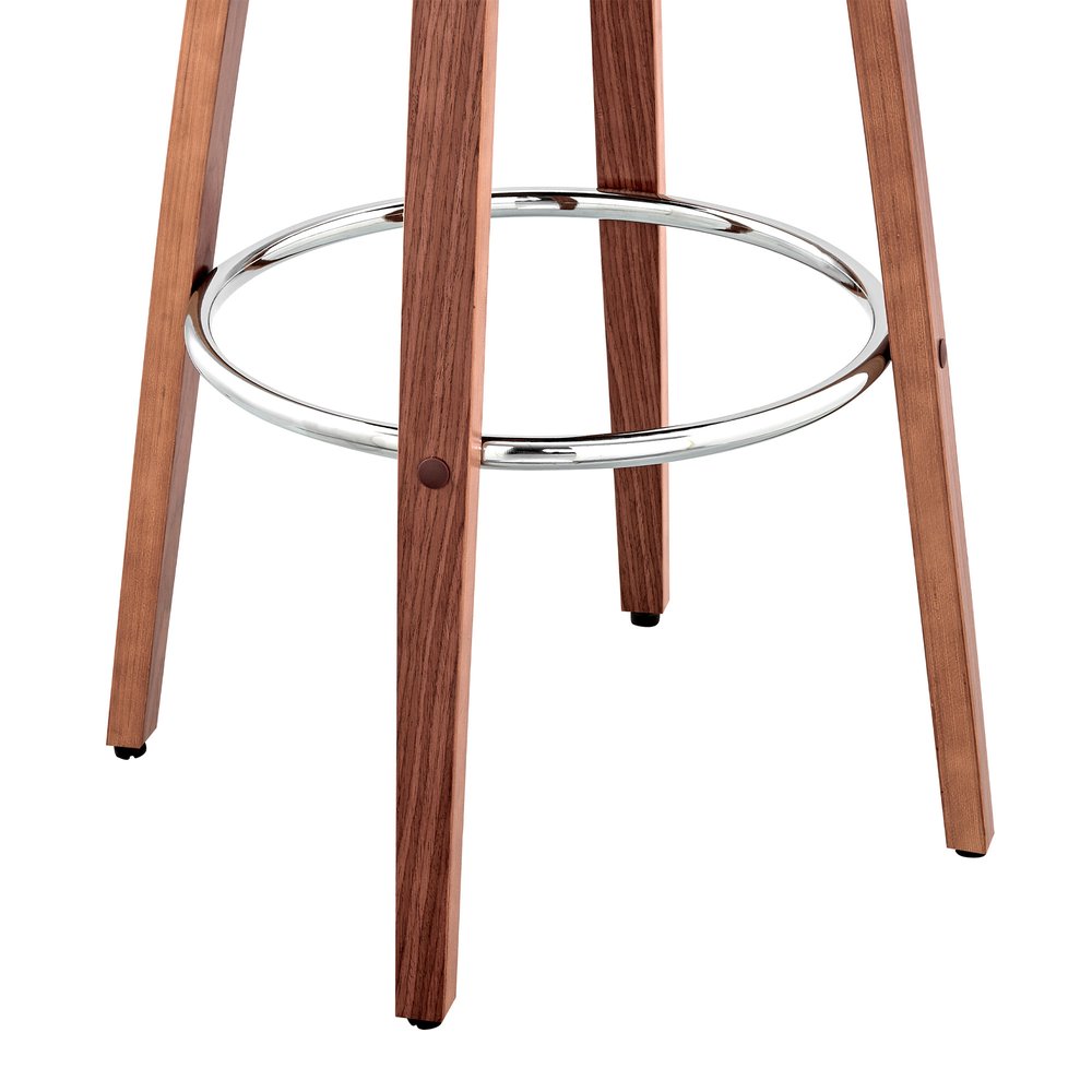 30" Cream And Brown Faux Leather And Fabric And Wood Bar Height Swivel Bar Chair