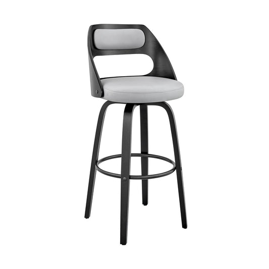 26" Gray And Black Faux Leather And Fabric And Iron Counter Height Swivel Bar Chair