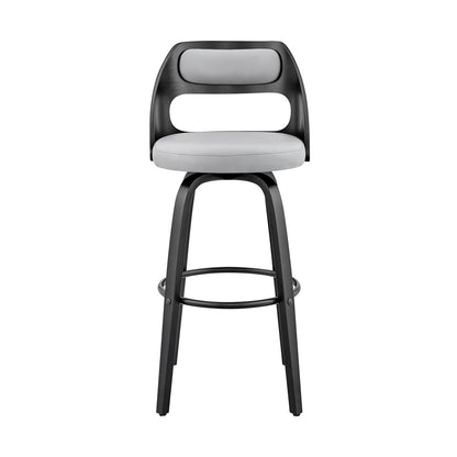 26" Gray And Black Faux Leather And Fabric And Iron Counter Height Swivel Bar Chair