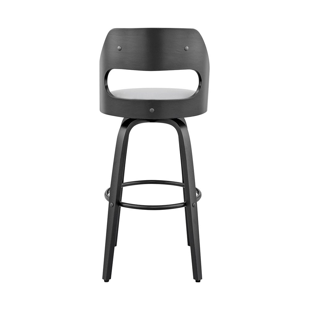26" Gray And Black Faux Leather And Fabric And Iron Counter Height Swivel Bar Chair