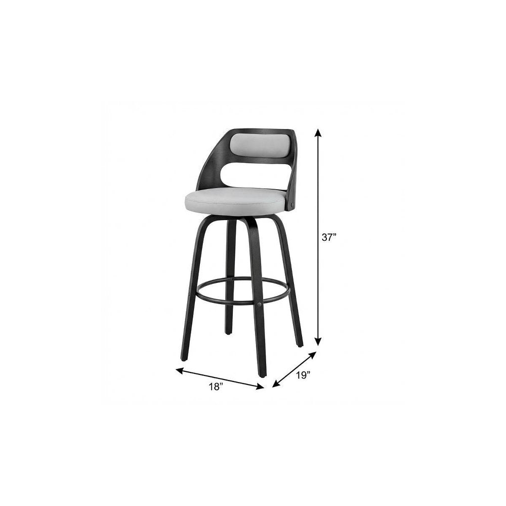 26" Gray And Black Faux Leather And Fabric And Iron Counter Height Swivel Bar Chair