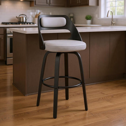 26" Gray And Black Faux Leather And Fabric And Iron Counter Height Swivel Bar Chair