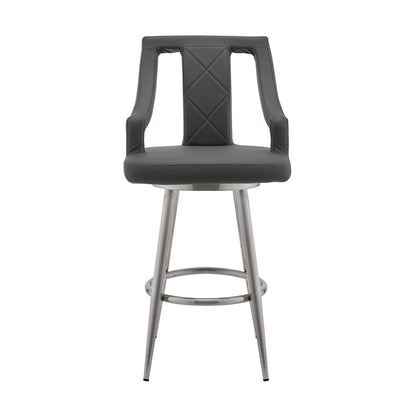 29" Gray And Silver Faux Leather And Fabric And Iron Bar Height Swivel Bar Chair