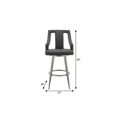 29" Gray And Silver Faux Leather And Fabric And Iron Bar Height Swivel Bar Chair