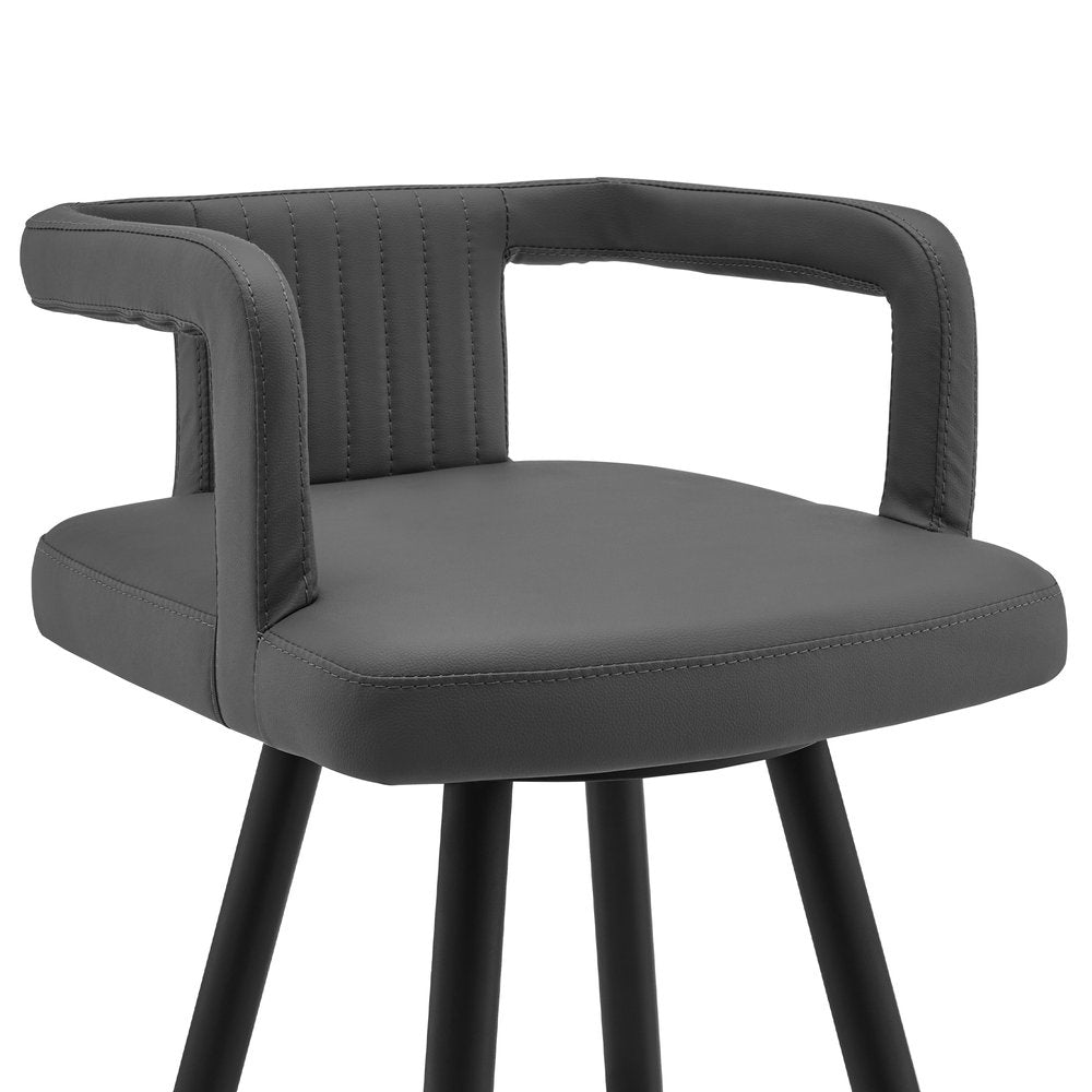 30" Gray And Black Faux Leather And Fabric And Iron Low Back Bar Height Swivel Bar Chair