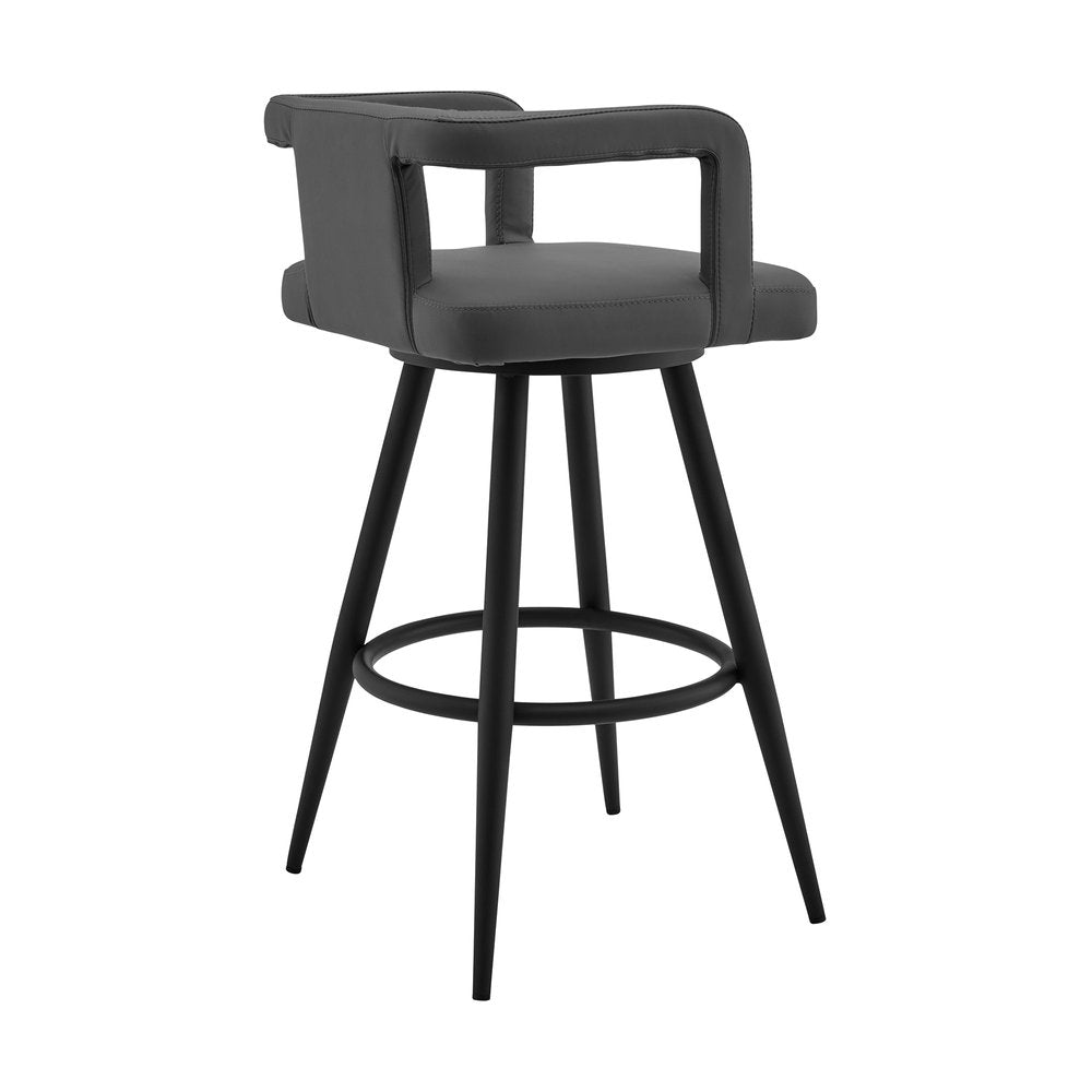 30" Gray And Black Faux Leather And Fabric And Iron Low Back Bar Height Swivel Bar Chair