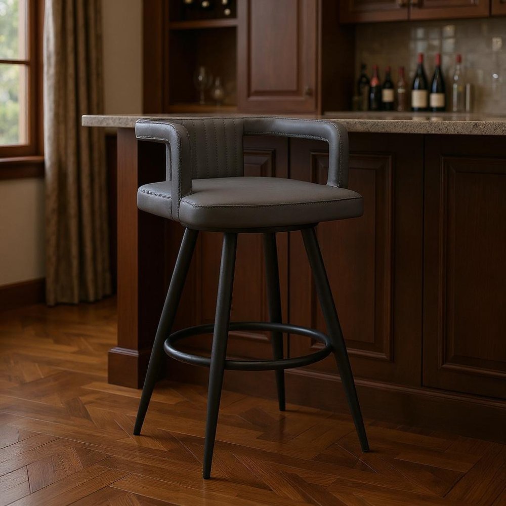 30" Gray And Black Faux Leather And Fabric And Iron Low Back Bar Height Swivel Bar Chair