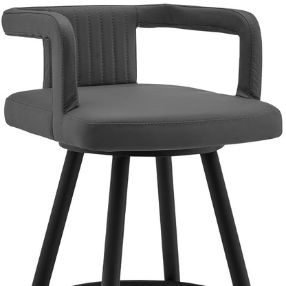 30" Gray And Black Faux Leather And Fabric And Iron Low Back Bar Height Swivel Bar Chair