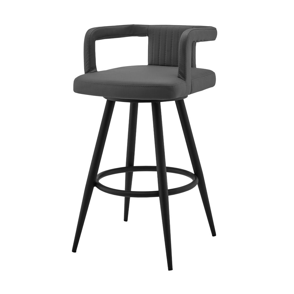 30" Gray And Black Faux Leather And Fabric And Iron Low Back Bar Height Swivel Bar Chair