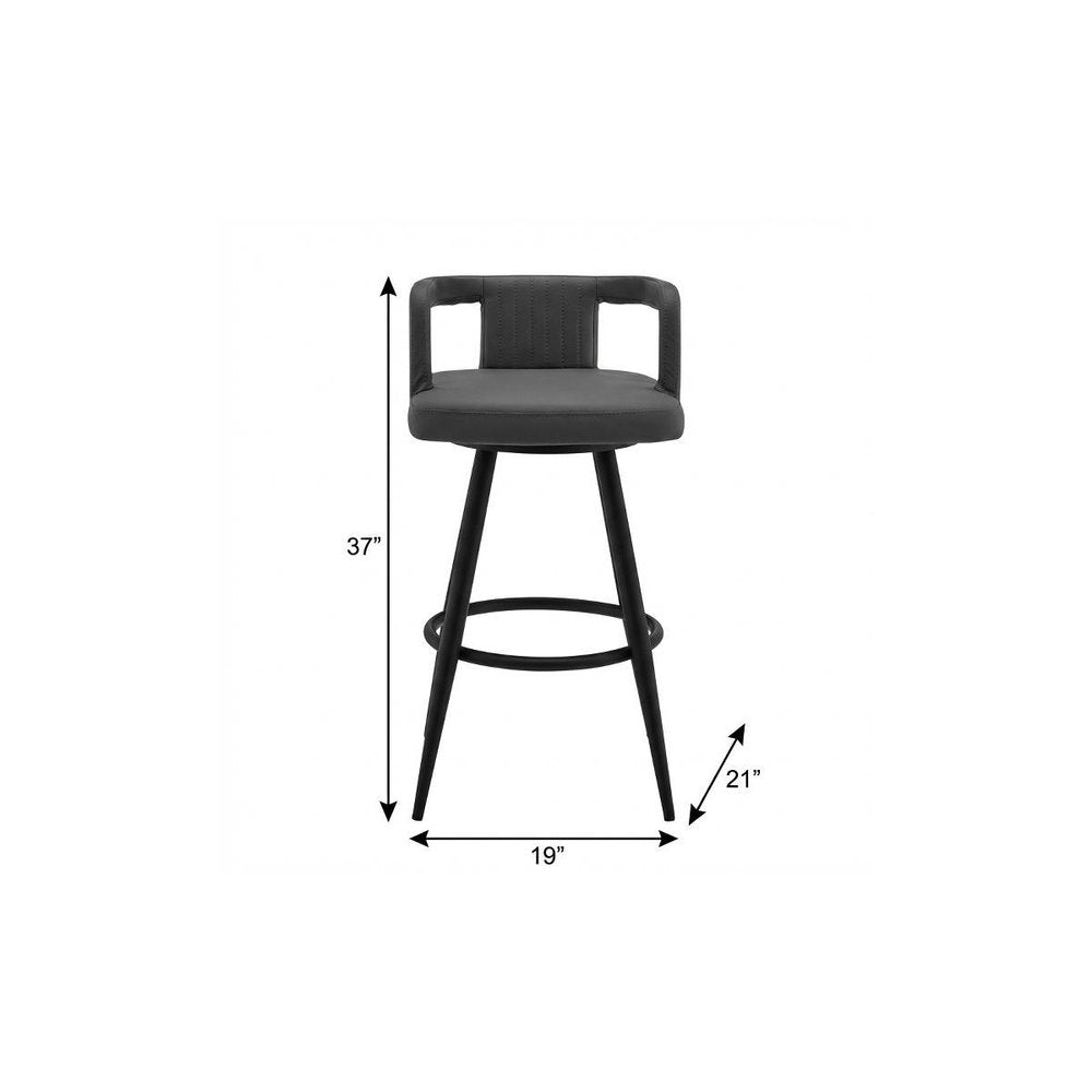 30" Gray And Black Faux Leather And Fabric And Iron Low Back Bar Height Swivel Bar Chair
