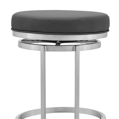 30" Gray And Silver Faux Leather And Fabric And Iron Backless Bar Height Swivel Bar Chair