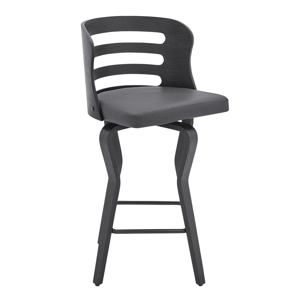 25" Gray And Black Faux Leather And Fabric And Iron Low Back Counter Height Swivel Bar Chair