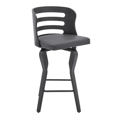 25" Gray And Black Faux Leather And Fabric And Iron Low Back Counter Height Swivel Bar Chair