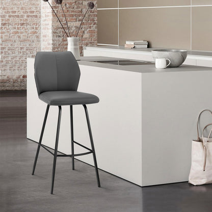 26" Gray And Black Faux Leather And Fabric And Iron Counter Height Bar Chair