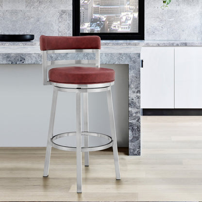 26" Red And Silver Faux Leather And Fabric And Iron Low Back Counter Height Swivel Bar Chair