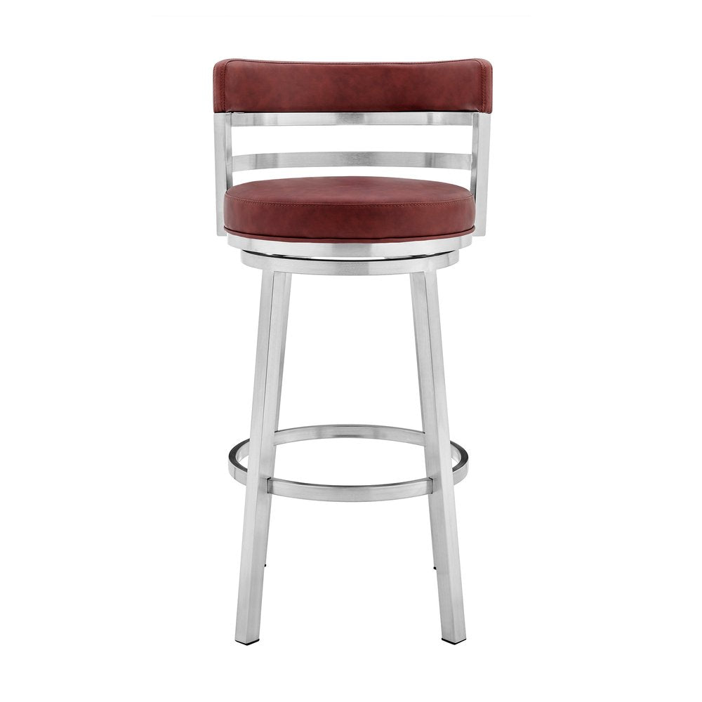 26" Red And Silver Faux Leather And Fabric And Iron Low Back Counter Height Swivel Bar Chair
