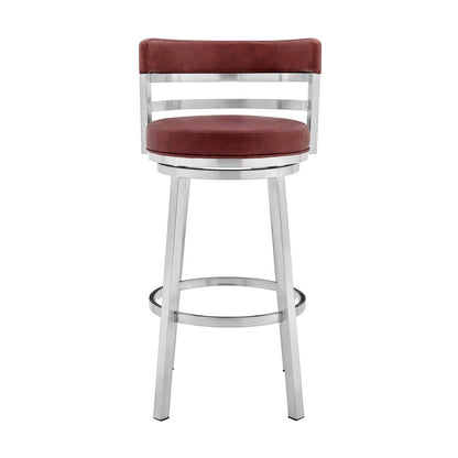 26" Red And Silver Faux Leather And Fabric And Iron Low Back Counter Height Swivel Bar Chair