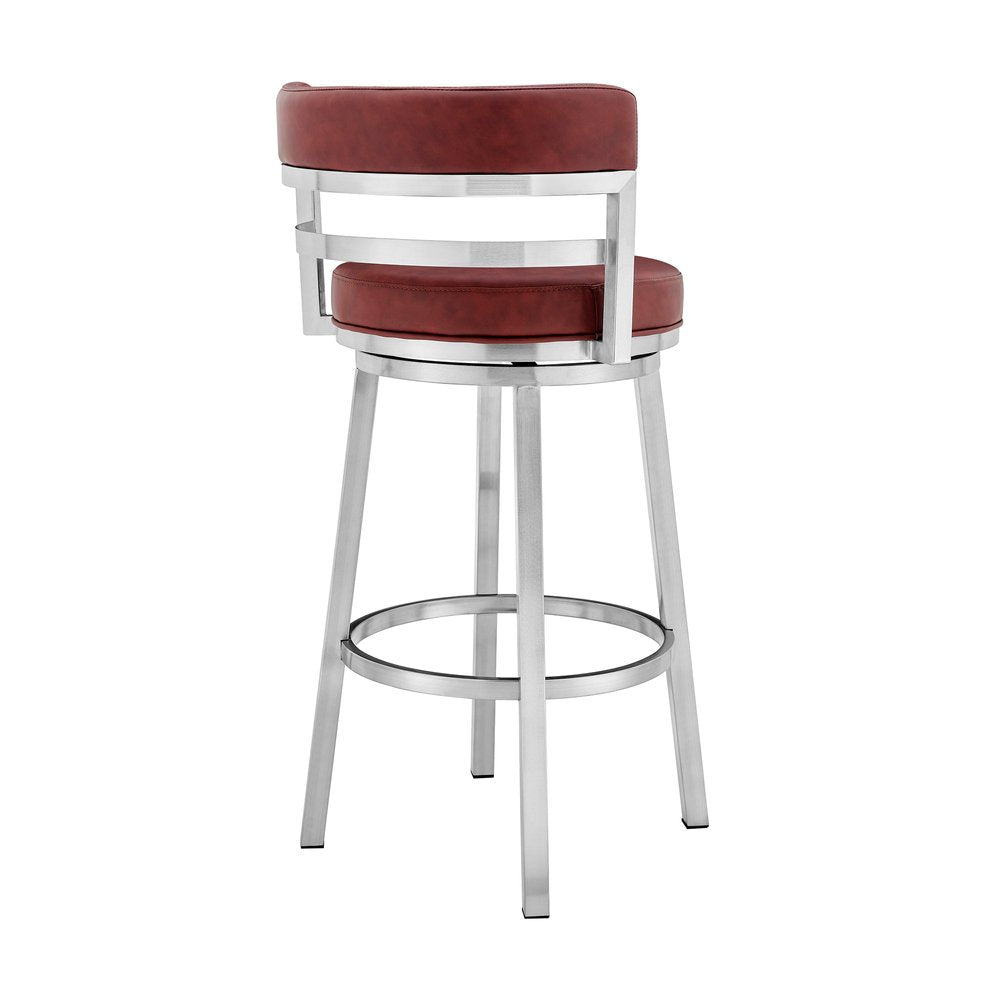 26" Red And Silver Faux Leather And Fabric And Iron Low Back Counter Height Swivel Bar Chair