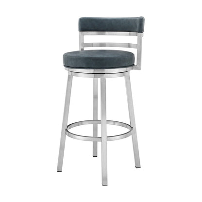 30" Blue And Silver Faux Leather And Fabric And Iron Low Back Bar Height Swivel Bar Chair