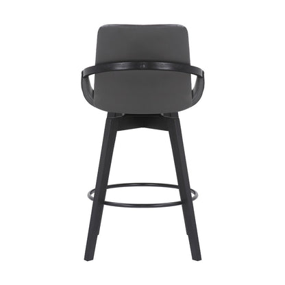 27" Gray And Black Faux Leather And Wood Low Back Bar Height Swivel Bar Chair