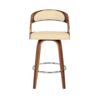 26" Cream And Brown Faux Leather And Fabric And Iron Low Back Counter Height Swivel Bar Chair