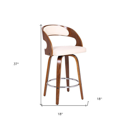 26" Cream And Brown Faux Leather And Fabric And Iron Low Back Counter Height Swivel Bar Chair