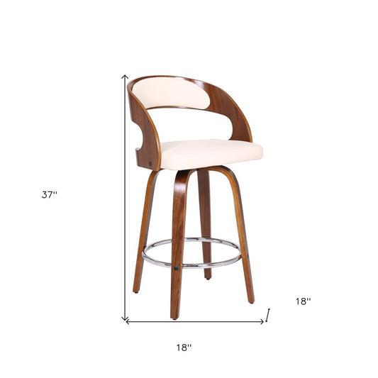 26" Cream And Brown Faux Leather And Fabric And Iron Low Back Counter Height Swivel Bar Chair