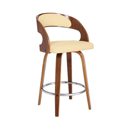 26" Cream And Brown Faux Leather And Fabric And Iron Low Back Counter Height Swivel Bar Chair