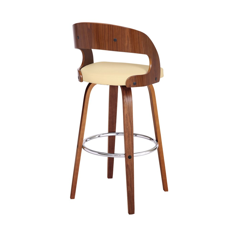 30" Cream And Brown Fabric And Iron Low Back Bar Height Swivel Bar Chair