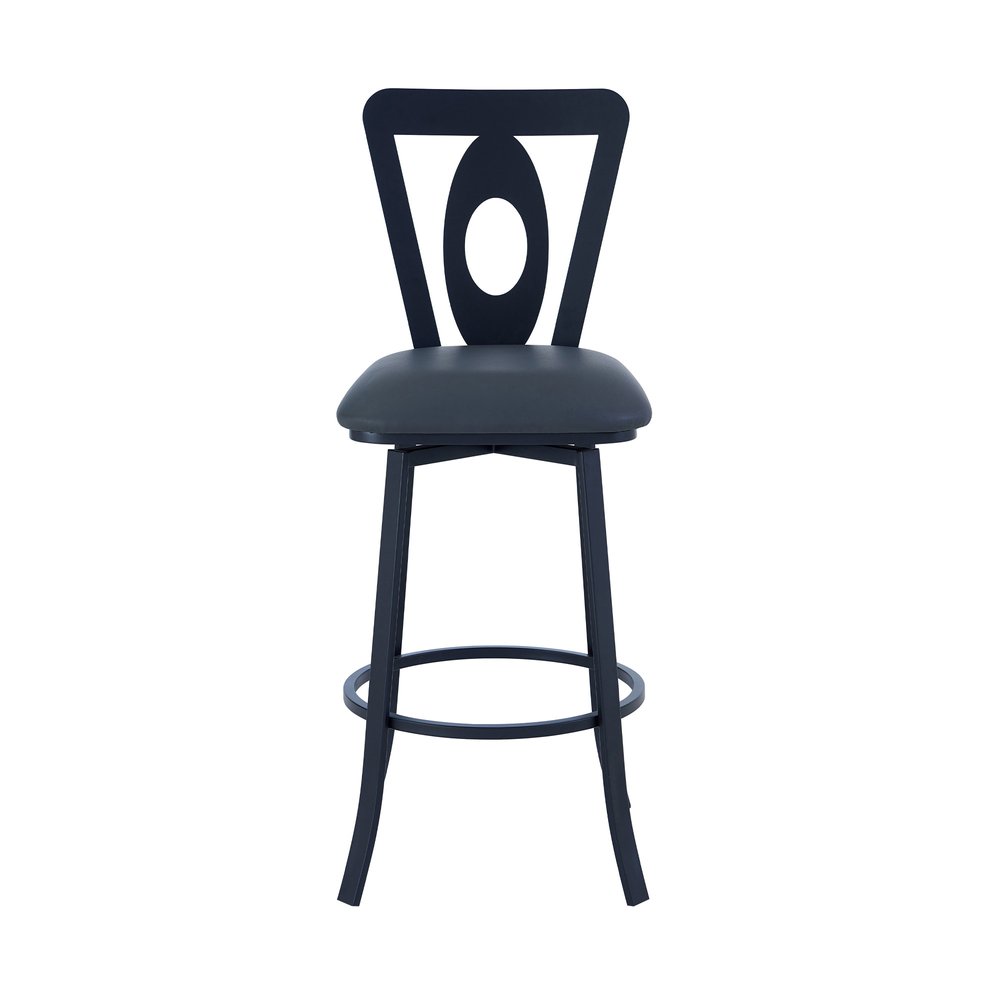 30" Gray And Black Faux Leather And Fabric And Iron Bar Height Swivel Bar Chair