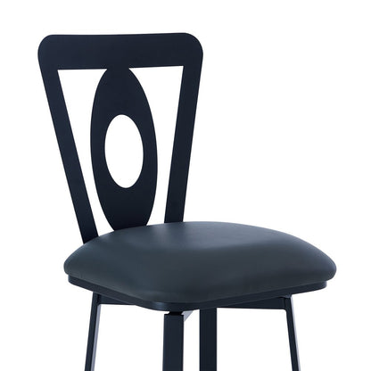 30" Gray And Black Faux Leather And Fabric And Iron Bar Height Swivel Bar Chair