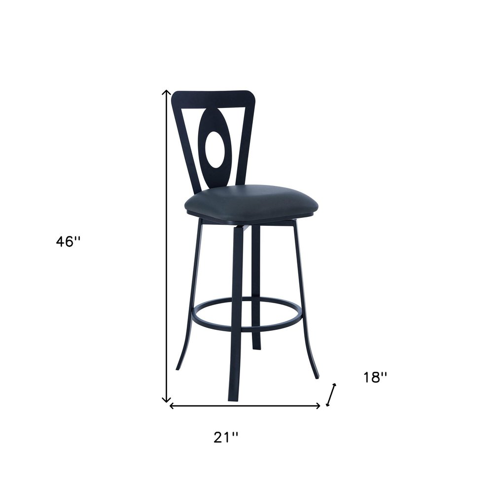 30" Gray And Black Faux Leather And Fabric And Iron Bar Height Swivel Bar Chair