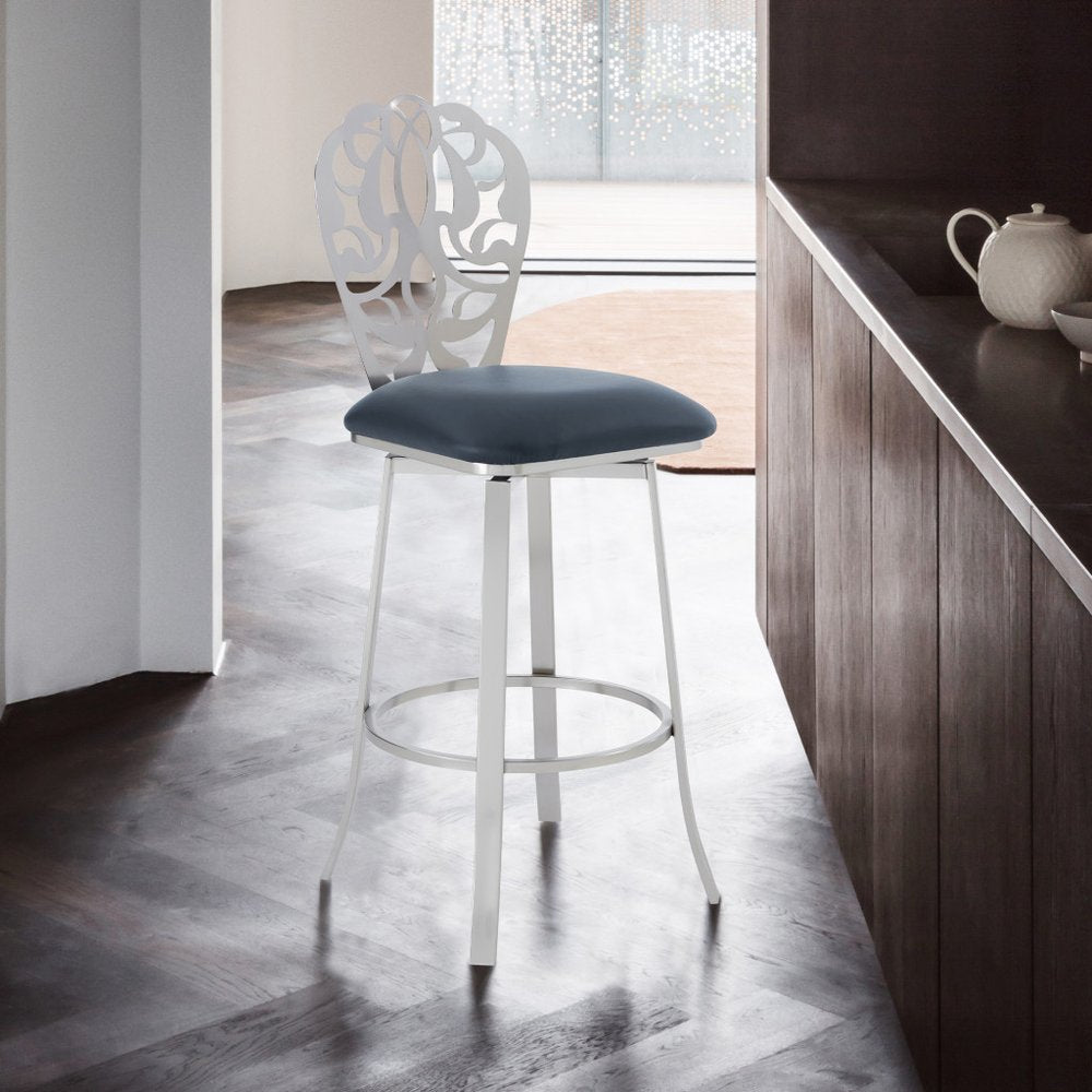 30" Gray And Silver Fabric And Iron Bar Height Swivel Bar Chair